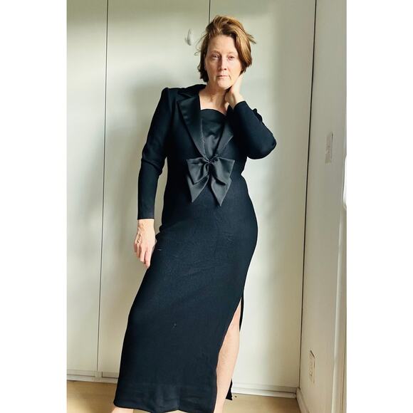 black evening dress with lace St. John Evening Crystal Pin-Embellished Long Sleeve Dress Black Knit –  Celebrity Owned main image 1